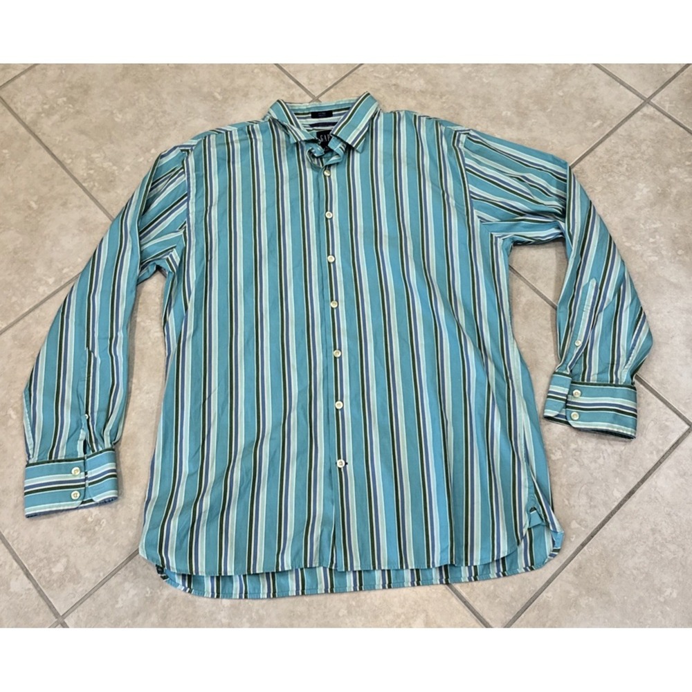 VTG GAP Fitted Premium Green Striped Button Up Shirt Size XL 17-17.5 Career